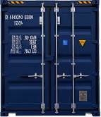Blue shipping container doors with locking bars, warning signs, and white stenciled text.